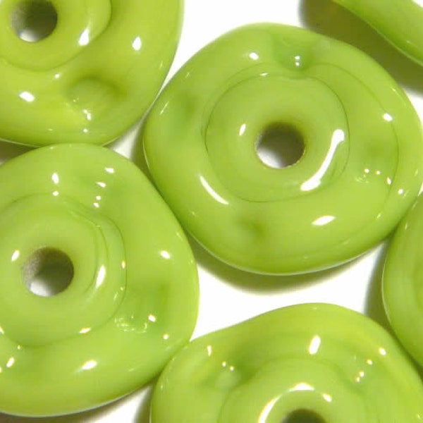 LIME Green RUFFLE Handmade Glass Lampwork BEADS Lime green color Tiny Ruffled DIsc Wheels Set of 6