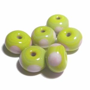 Lime Green Lampwork Glass Beads: Pink Polka Dot Rondelles, Set of 6
