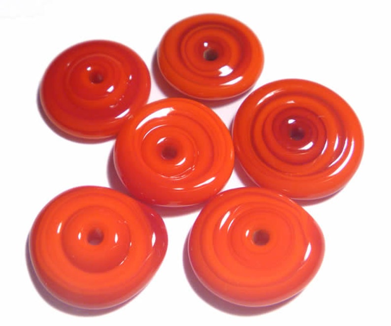 RED DISC Handmade Glass Lampwork Beads Red Bright Colors Small Flat Disc Shape Set of 6