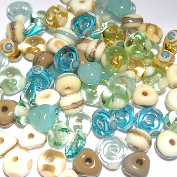 BEACH MIX - Handmade Glass Lampwork Beads - Blue Topaz Ivory Sea Green Turquoise - Set of 20