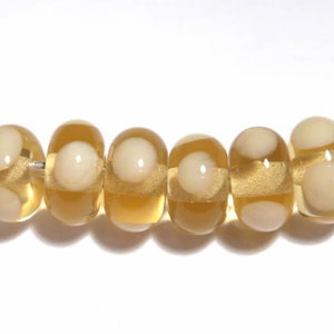 TOPAZ IVORY Rondelles Handmade Glass Lampwork BEADS Clear Topaz with Ivory Polka Dots  Organic Rondelles Set of 6