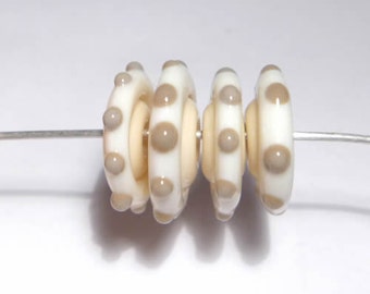 IVORY Wheel Handmade Glass Lampwork BEAD Ivory Brown Disc Shape Set of 4