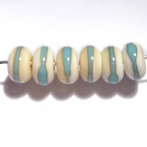 IVORY Turquoise Rondelles Handmade Glass Lampwork BEADS  Ivory with Turquoise Blue Wrap Organic Rondelles Set of 6