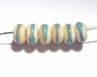 IVORY Turquoise Rondelles Handmade Glass Lampwork BEADS  Ivory with Turquoise Blue Wrap Organic Rondelles Set of 6