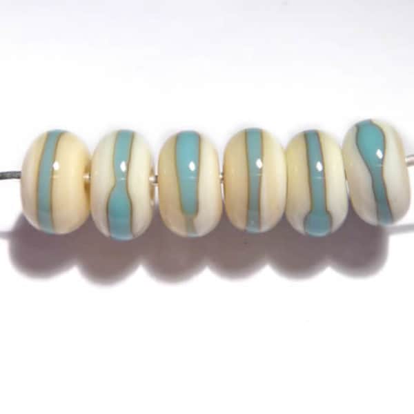 IVORY Turquoise Rondelles Handmade Glass Lampwork BEADS  Ivory with Turquoise Blue Wrap Organic Rondelles Set of 6