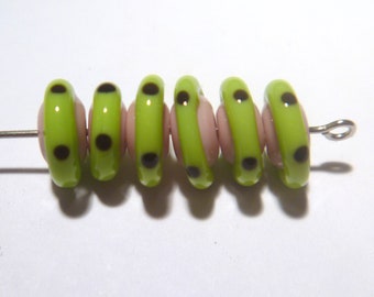 Handmade Lampwork Saucer Beads: Lime Green, Pink, and Black - Set of 6