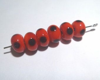 Red Lampwork Glass Beads: Black Polka Dot Rondelles, Set of 6