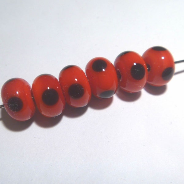 RED BLACK Rondelles Handmade Glass Lampwork BEADS Red with Black Polka Dots Ladybug Summer Colors  Set of 6