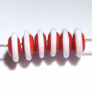 Red and White Lampwork Glass Beads: Handmade Rondelle Saucers, Set of 6