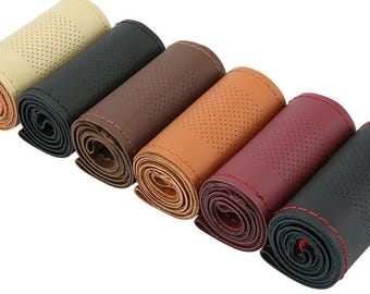 Personalized Top Grain Cowhide Leather Steering Wheel Cover, Hand Stitched DIY Braid Cover, 38cm Car Wheel Wrap with Needle & Thread