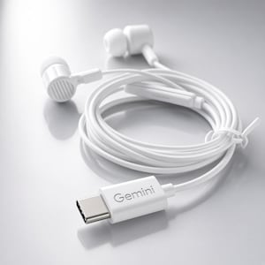 Può includere: Auricolari cablati bianchi con un connettore USB-C che riporta la parola Gemini stampata sull'alloggiamento della spina. Il dispositivo include un lungo cavo bianco avvolto in un motivo circolare e un piccolo modulo di controllo integrato sul filo.