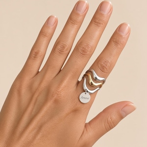 Può includere: Un anello a più strati con due fasce ondulate color argento e una fascia ondulata color oro. Un piccolo ciondolo rotondo color argento pende dall'anello, inciso con la parola Amour in un carattere corsivo nero.