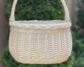 Handmade White Willow Basket, Farmhouse Storage, Rustic Home Decor (14.2 x 9.8 x 16.9 in)