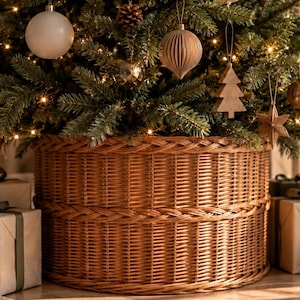 May include: A round, woven brown wicker tree collar with a horizontal braided band detail around the centre. The collar is positioned at the base of a green Christmas tree decorated with various ornaments, including spheres, pinecones, and stars.