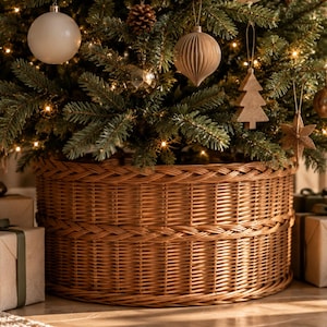 Può includere: Un copribase per albero rotondo in vimini intrecciato color marrone chiaro naturale, caratterizzato da un design cilindrico strutturato con una fascia orizzontale rinforzata, posizionato alla base di un albero di Natale decorato.