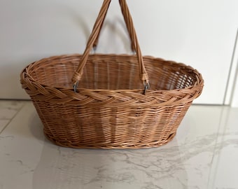 Cesto per la spesa in vimini fatto a mano, cesto da mercato in vimini con manico, cesto intrecciato naturale, cesto rustico da fattoria, cesto tradizionale in vimini