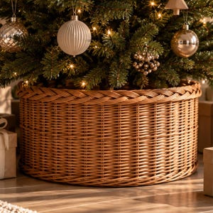 May include: A round, light brown woven wicker tree collar with a braided top rim. The collar features a cylindrical shape with vertical reed construction, designed to encircle the base of a Christmas tree, concealing the stand and lower trunk.