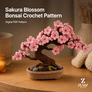 Patrón de ganchillo PDF para bonsái de flor de cerezo, patrón de árbol de cerezo en flor, decoración de bonsái a ganchillo, descarga digital de Zuniz Creatrions