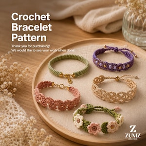 May include: Five handmade crochet bracelets in various designs and colors, including olive green, purple with beads, dusty pink with pearls, beige lattice, and a floral pattern with green leaves and pink flowers, featuring gold-tone metal hardware.