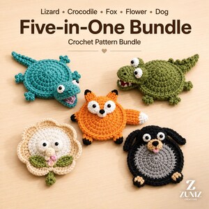 May include: Five-in-One Bundle Crochet Pattern Bundle featuring five crocheted animal and flower coasters: a teal lizard, green crocodile, orange fox, beige flower, and black dog. The text reads Five-in-One Bundle Crochet Pattern Bundle.