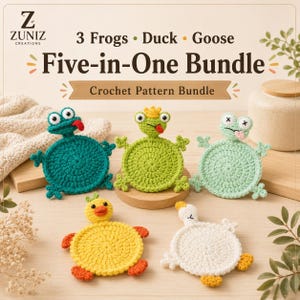 Ensemble de modèles au crochet pour porte-tasse « Trois grenouilles, canard et oie », sous-verre animal 5 en 1 (PDF), modèles de porte-gobelets au crochet par Zuniz Creations