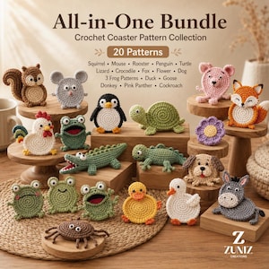 Pacchetto di 20 modelli all'uncinetto per porta tazze, sottobicchiere a forma di animali in formato PDF, set di porta tazze con rana, anatra, tartaruga, scoiattolo e pinguino di Zuniz Creations