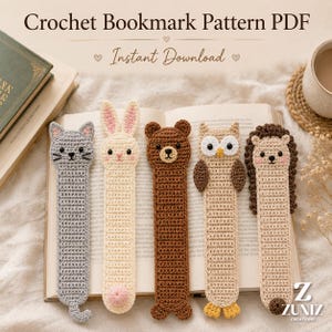 Virkmönster med bokmärken i PDF-format, bokmärken med skogsdjur, virkmönster med katt, kanin, björn, uggla, igelkott, present till bokälskare från Zuniz Creations
