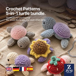 Paquete de cinco patrones de tortugas a crochet en PDF, 5 peluches de tortugas amigurumi, patrones de flores y frutas gigantes de Zuniz Creations