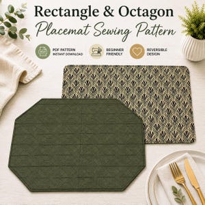 Op de afbeelding: Een naaipatroon voor een rechthoekige en achthoekige placemat met de tekst Rectangle & Octagon Placemat Sewing Pattern. De afbeelding toont een rechthoekige placemat met een zwart en goud waaierpatroon en een achthoekige olijfgroene placemat.