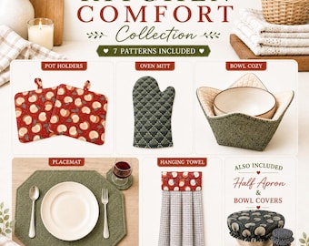 Puede incluir: Una colección de patrones de costura titulada Kitchen Comfort Collection que incluye siete artículos: agarraderas rojas con estampado de manzanas, un guante de cocina acolchado verde oscuro, un protector de tazón, un mantel individual octogonal verde, una toalla colgante, un medio delantal y cubiertas para tazones.