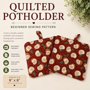 Peut inclure: Un patron de couture pour manique matelassée en tissu rouge foncé avec un motif de pommes répétitif. Le patron inclut des instructions pour un design isolant avec une boucle de suspension et indique une taille finie de 20,3 cm par 20,3 cm.