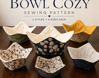 May include: A microwave bowl cosy sewing pattern featuring text that reads MICROWAVE BOWL COZY SEWING PATTERN 2 STYLES 4 SIZES EACH PDF PATTERN US LETTER + A4. Five fabric bowl cosies are displayed in various floral and geometric patterns.