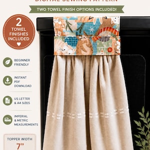 May include: A hanging kitchen towel digital sewing pattern featuring a beige towel with a fringed bottom and a patterned fabric topper with cat illustrations. The topper width is 7 inches. Text includes Hanging Kitchen Towel, Digital Sewing Pattern, 2 Towel Finishes Included, Beginner Friendly, Instant PDF Download, US Letter & A4 Sizes, Imperial & Metric Measurements, Topper Width 7 inches, Quick to Sew, Useful Every Day, Made with Love.