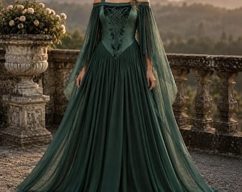 Vestido largo medieval, vestido de feria renacentista, disfraz de fantasía celta, atuendo pagano para LARP, vestido de novia vikingo