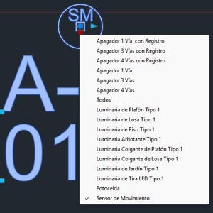 May include: A digital interface menu featuring the text SM inside a circle, with a dropdown list containing options like Apagador 1 Vía con Registro, Luminaria de Plafón Tipo 1, and Sensor de Movimiento, displayed against a dark background with large text A-01.