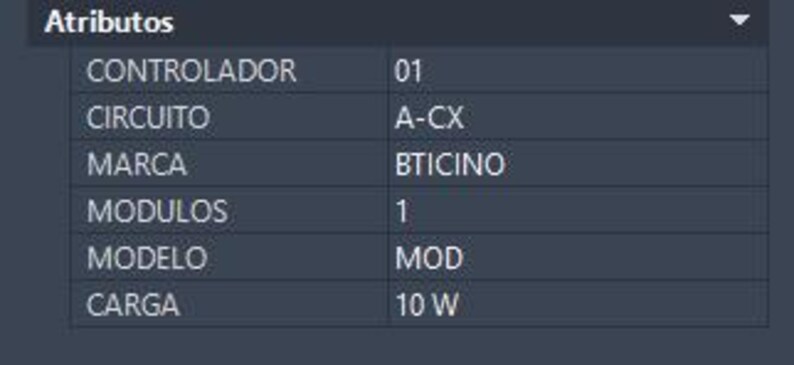 May include: A dark gray technical specification table with white text listing product attributes: CONTROLADOR 01, CIRCUITO A-CX, MARCA BTICINO, MODULOS 1, MODELO MOD, and CARGA 10 W. The header of the table is labeled Atributos in white text.