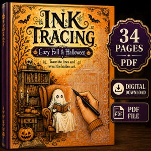 May include: An orange book cover titled Ink Tracing Cozy Fall & Halloween featuring a ghost reading in a chair, surrounded by pumpkins, books, and bats. The cover includes text indicating 34 pages, PDF, and digital download options.