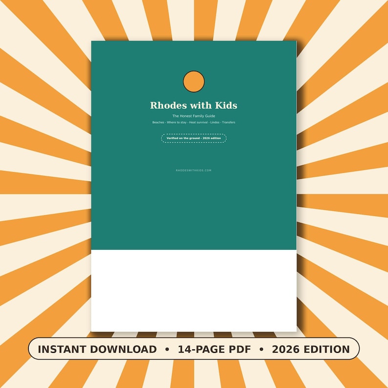 May include: A teal digital guide titled Rhodes with Kids, The Honest Family Guide, featuring an orange circle icon, text about beaches and travel, and a 2026 edition label. The document is a 14-page PDF available for instant download.