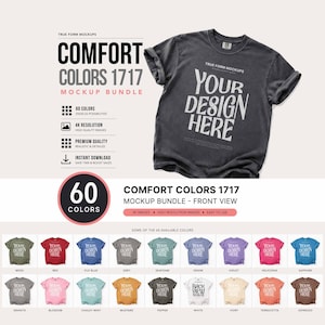 Comfort Colors C1717 Bundle Mockup Front View | 60 Colors c1717 Flat Lay | Simple Minimal Background | pod mockup tee