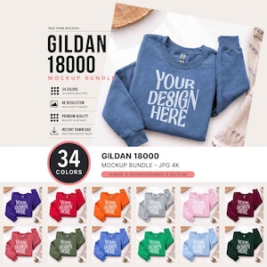 Puede incluir: Un paquete de maquetas Gildan 18000 que presenta una sudadera azul de cuello redondo con el texto YOUR DESIGN HERE impreso en blanco. La imagen incluye una cuadrícula de 12 sudaderas adicionales en varios colores, cada una con el mismo texto blanco.