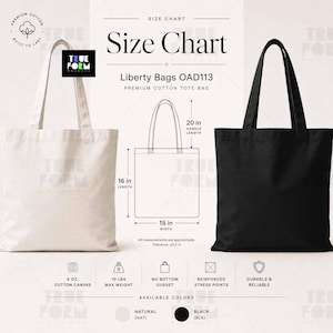May include: A size chart for Liberty Bags OAD113 premium cotton tote bags, featuring a natural and a black tote bag. The diagram shows a 40.6 cm length, 38.1 cm width, and 50.8 cm handle length. Details include 170 g cotton canvas and 4.5 kg max weight.