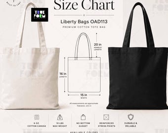 Könnte beinhalten: Eine Größentabelle für Liberty Bags OAD113 Premium-Baumwolltragetaschen mit einer naturfarbenen und einer schwarzen Tasche. Das Diagramm zeigt 40,6 cm Länge, 38,1 cm Breite und 50,8 cm Henkellänge. Details: 170 g Baumwoll-Canvas, 4,5 kg max. Traglast.