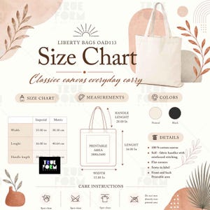 Op de afbeelding: Een maattabel voor Liberty Bags OAD113 canvas draagtassen met een naturelkleurige tas, afmetingen van 38,10 cm breed bij 40,64 cm lang, 50,80 cm handgreeplengte, 100% katoenen canvas, onderhoudsinstructies en een bedrukbaar gebied.