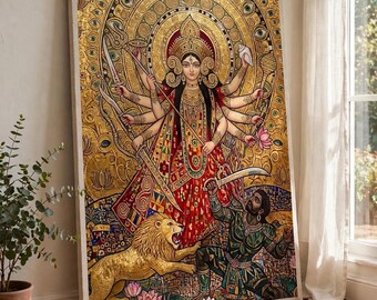 Goddess Durga Wall Art, Klimt Style Canvas Print, Mahishasura Mardini Illustration, Lion Mount, Pooja Room and Home Decor