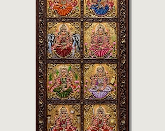 Ashtalakshmi Framed Gold Canvas, Lakshmi Wall Art, Pooja Room Home Altar Art, Hindu Temple Decor, Goddess of Wealth, Diwali Gift Idea
