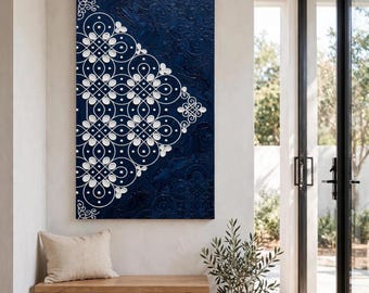 Boho Mandala Art | Kolam Wall Art Canvas | Ethnic Bohemian Statement Decor | Deep Indigo Meditative Impasto Painting Gift