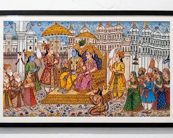 Ram Darbar Wall Art, Rajasthani Painting Print, Rama Pattabishekam, Framed Indian Miniature Art, Hindu Pooja Room Diwali Gift