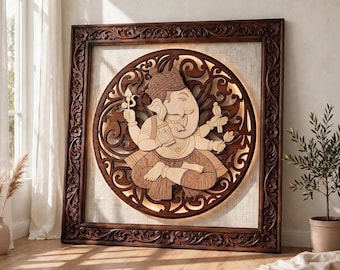 Ganesha Wall Art Canvas, Indian Mural Print, Framed Look Hindu God Canvas, Pooja Room & Home Altar Decor, Diwali Housewarming Gift