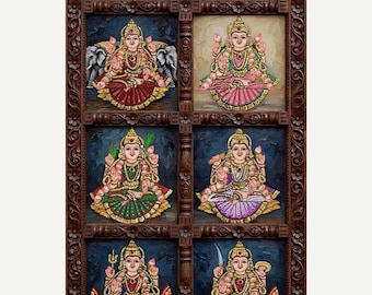 Lakshmi Wall Art, Ashtalakshmi Canvas Print, Hindu Goddess of Wealth, Tanjore Painting Decor, Gift for Diwali, Navratri, Housewarming