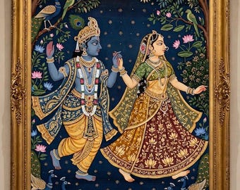 Radha Krishna Wall Art, Pichwai Canvas Print | Hindu God Canvas, Indian God Wall Art | Divine Love Matte Canvas for Pooja Room, Mandir Decor